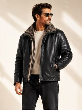 Porsche Design Black Leather Bomber with Shearling Trim